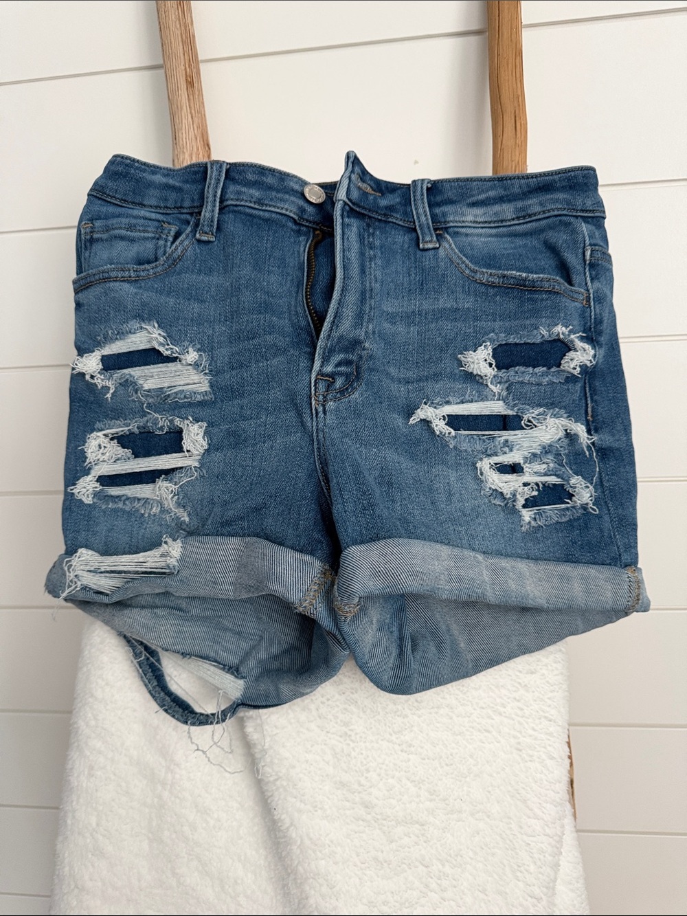 Women's Distressed Rolled Hem Denim Shorts - Blue